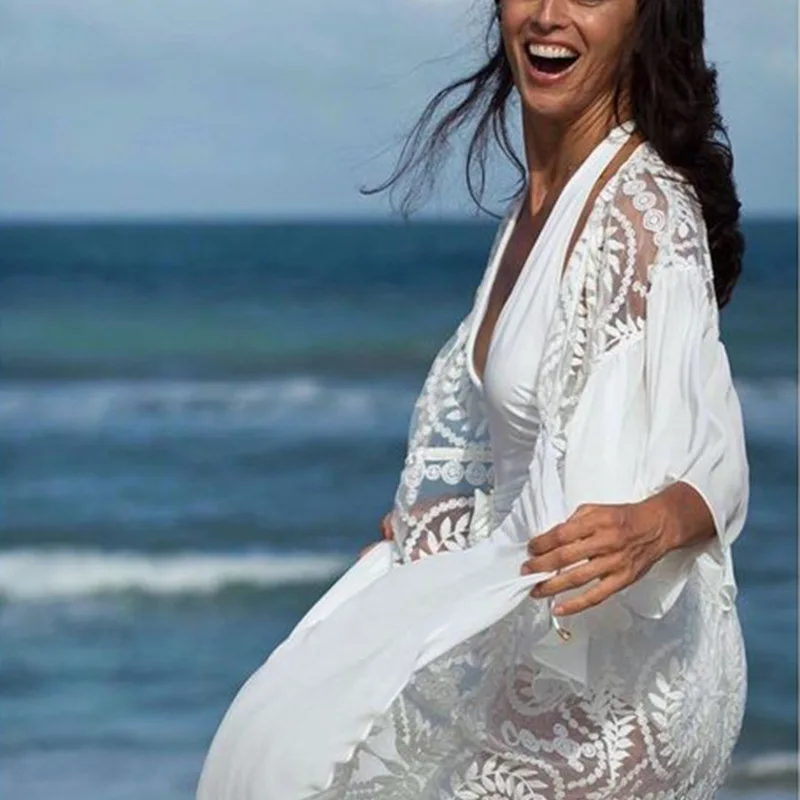 

Beach Dress Swimsuit Women's Outings 2020 Tunics Skirt Lace Embroidery Spell Chiffon Upper Garment Smock Acetate Patchwork