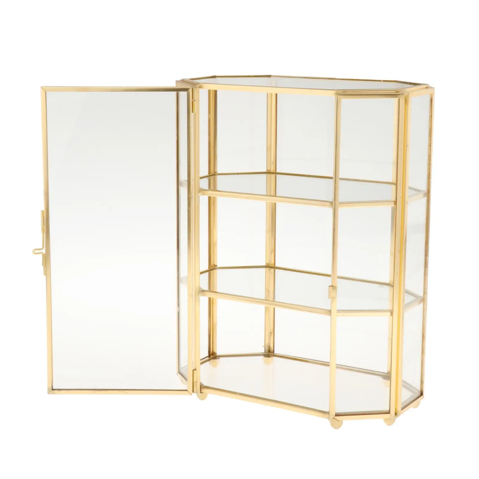 

Vintage Golden Glass Box, Clear Glass Metal Storage Jewelry Organizer Open Front Display, Shape with 3 Tier