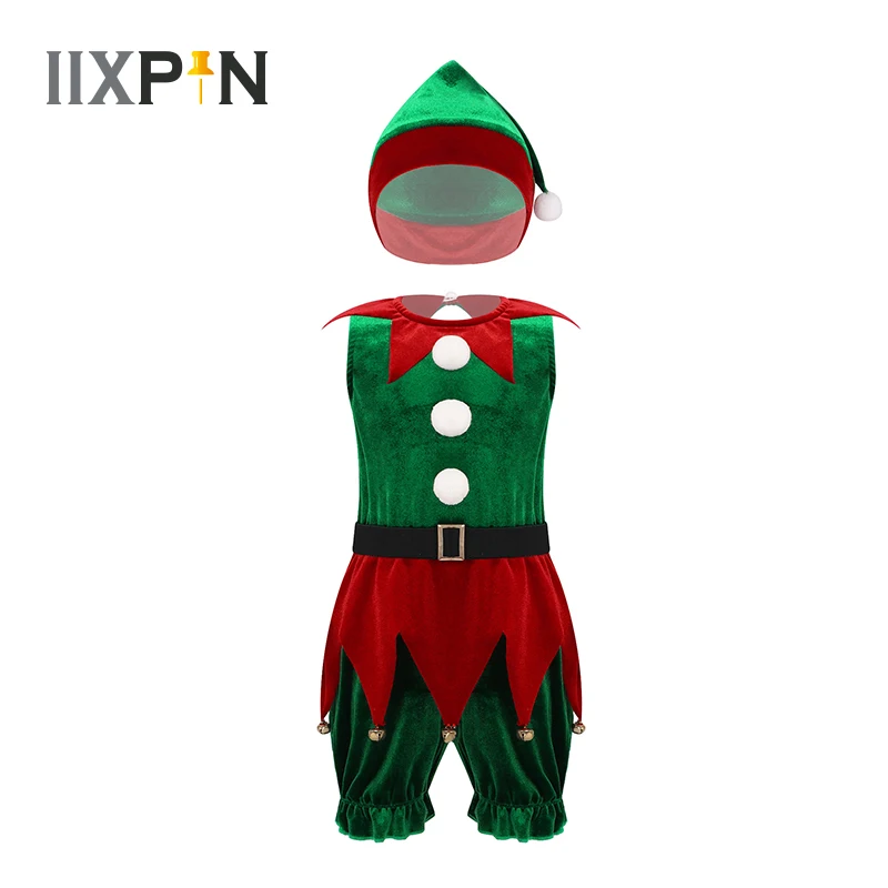 

Kids Baby Girls Christmas Costume Cosplay Performance Outfit Sleeveless Short Jumpsuit With Hat Set Xmas Party Dress Up