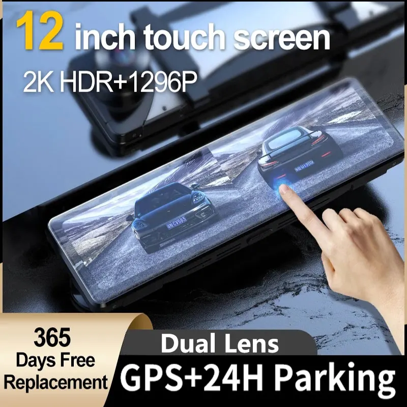 AZDOME Dashcam 12&quot Touch Screen Car DVR Rearview Mirror 2K front and Rear Dual Lens GPS Camera Night Vision Auto Video Recorder |
