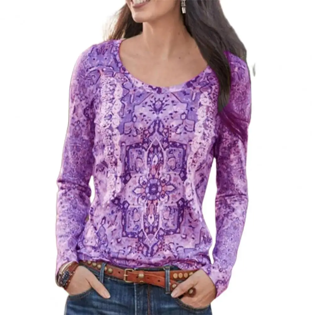 

Women T-shirt Ethnic Pattern Skin-friendly Loose Autumn Round Neck Long Sleeve Blouse for Daily Wear