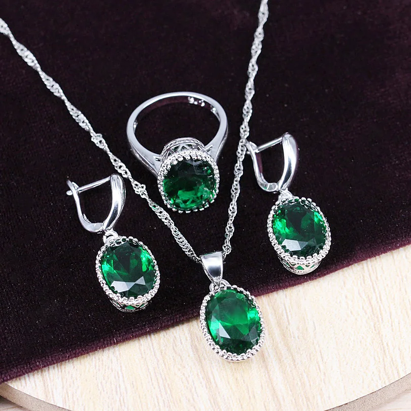 Серебро 925 Костюм ювелирное изделие с зеленым камнем свадебные комплекты