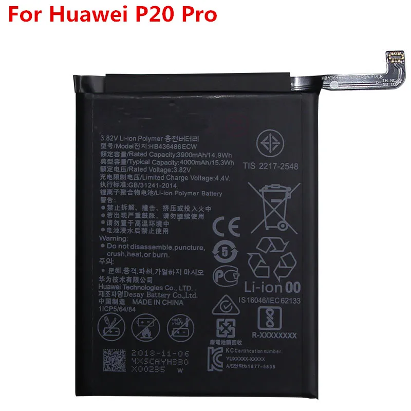 Оригинальный аккумулятор P20Pro для Huawei P20 Pro 3900 мАч HB436486ECW сменный литий-ионный