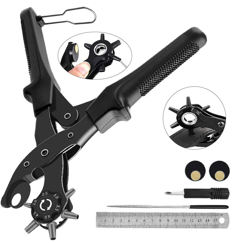 

Leather Hole Punch Set, Revolving Punch Hole Tool Kit Includes Punch Plier/Ruler/Round Hole/Grinding Bar/Screwdriver/Washer