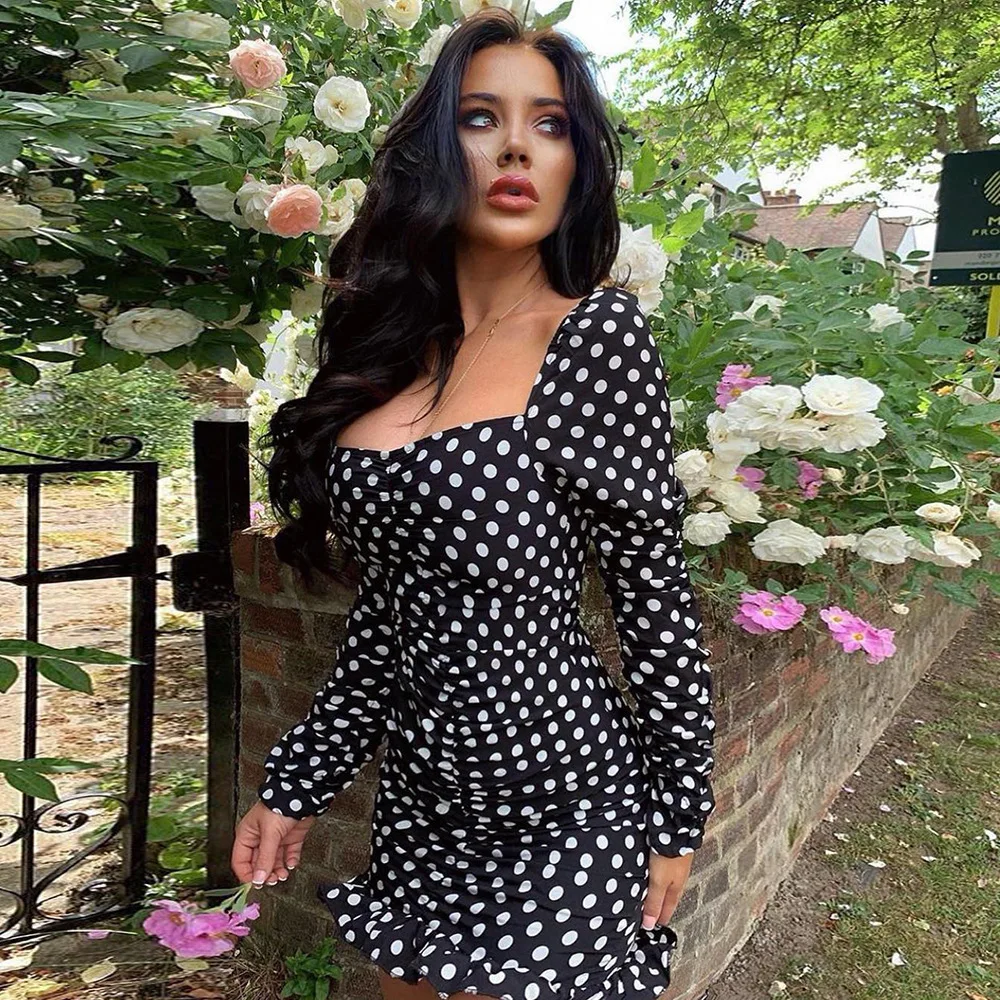 Tosheiny 2020 осеннее женское мини-платье с квадратным воротником в горошек длинным