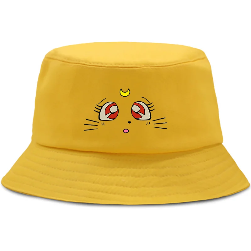 

Sailor Moon eys Fashion Sun Hat Harajuku Short Sleeve Fun Ulzzang Unisex Anime Cute Cat Cartoon Top Female yellow Fisherman Hat