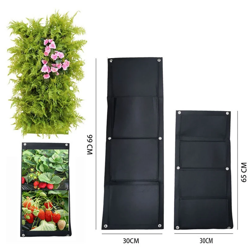

4 Pockets Wall Hanging Planting Bags Plant Grow Planter Vertical Garden Living Bag Large Garden Supplies Non-Woven Fabric Bags