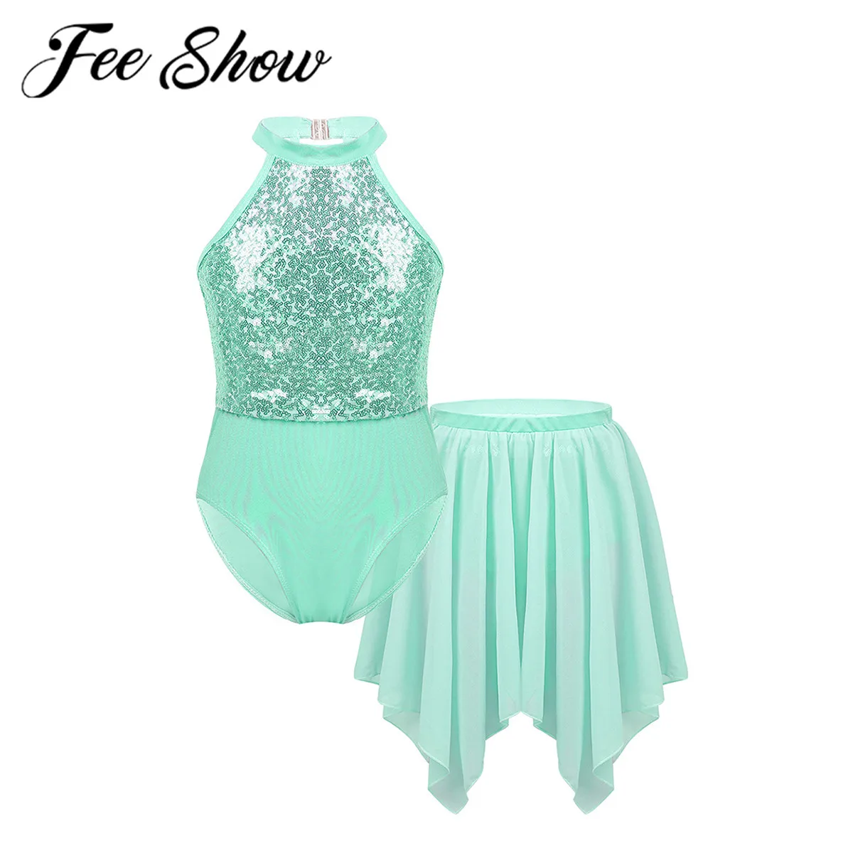 

Kids Girls Ballerina Costume Dress Halter Neck Sequins Ballet Dance Gymnastics Leotard with Irregular Hem Chiffon Dancing Skirt