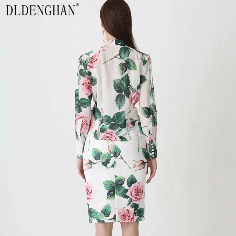

DLDENGHA Fashion Rose Flower Sets Elegant Bow Collar Long Sleeve Blouse Tops+ Slim Pencil Skirt Two Piece Set Designer Women New
