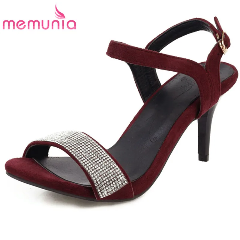 

MEMUNIA 2020 new arrival women sandals flock crystal buckle summer thin high heel party wedding shoes woman sandals big size 45