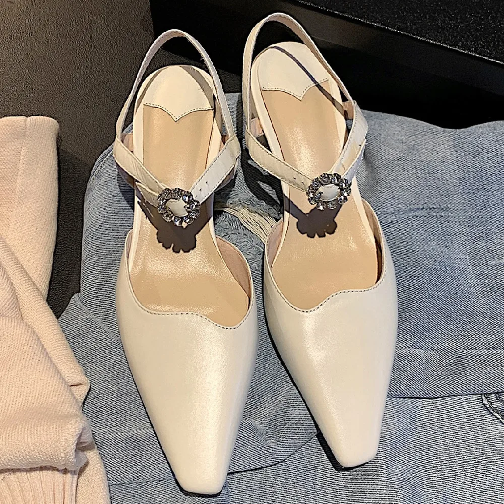 

Women's genuine leather metal buckle slingback pointed toe slip-on sandals thick med heel summer comfortable pumps daily shoes