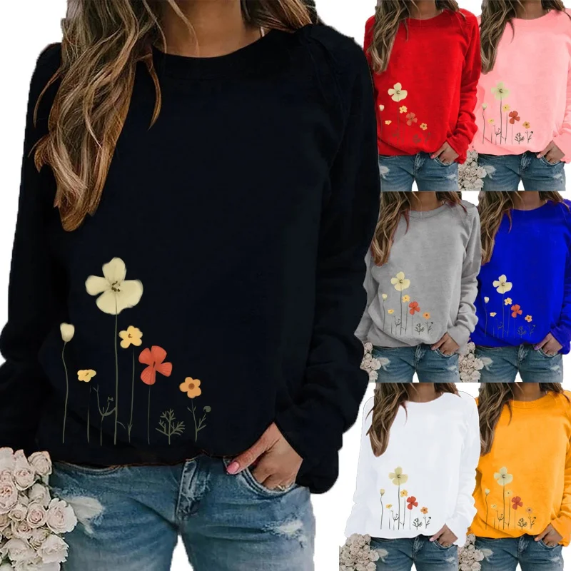

New Arrival Women Autumn Flowers Printed T Shirts Casual V-neck Long Sleeved Loose Tops Plus Size Blouse Sweatshirt