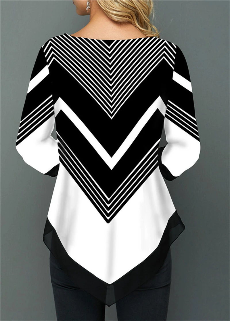 Женские футболки размера плюс полосатая печать неровный подол свинг семь рукав