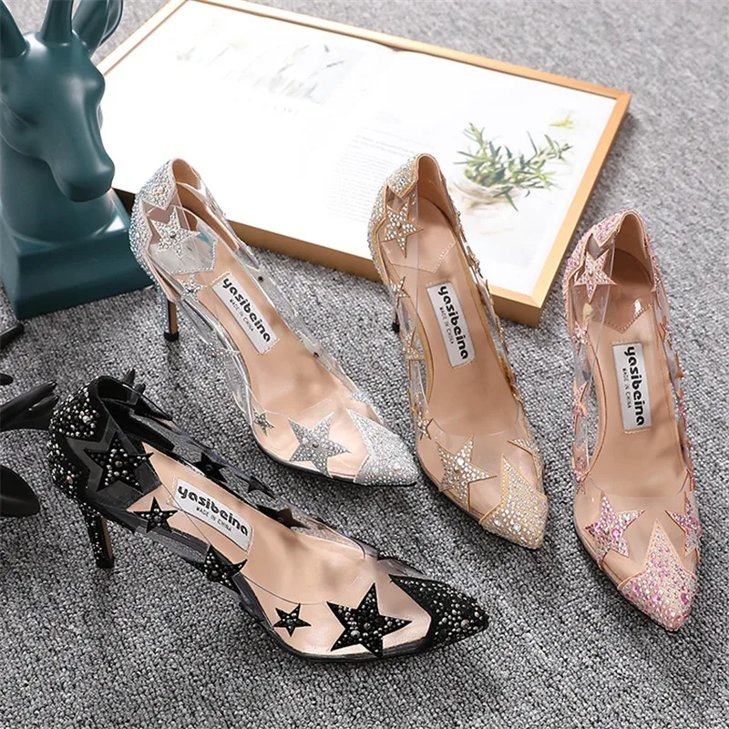 

Akexiya Spring Summer Sexy Transparent High Heel Women's Stiletto Pointed Wedding Rhinestone Glass Glue Shoes Bling Women Shoes