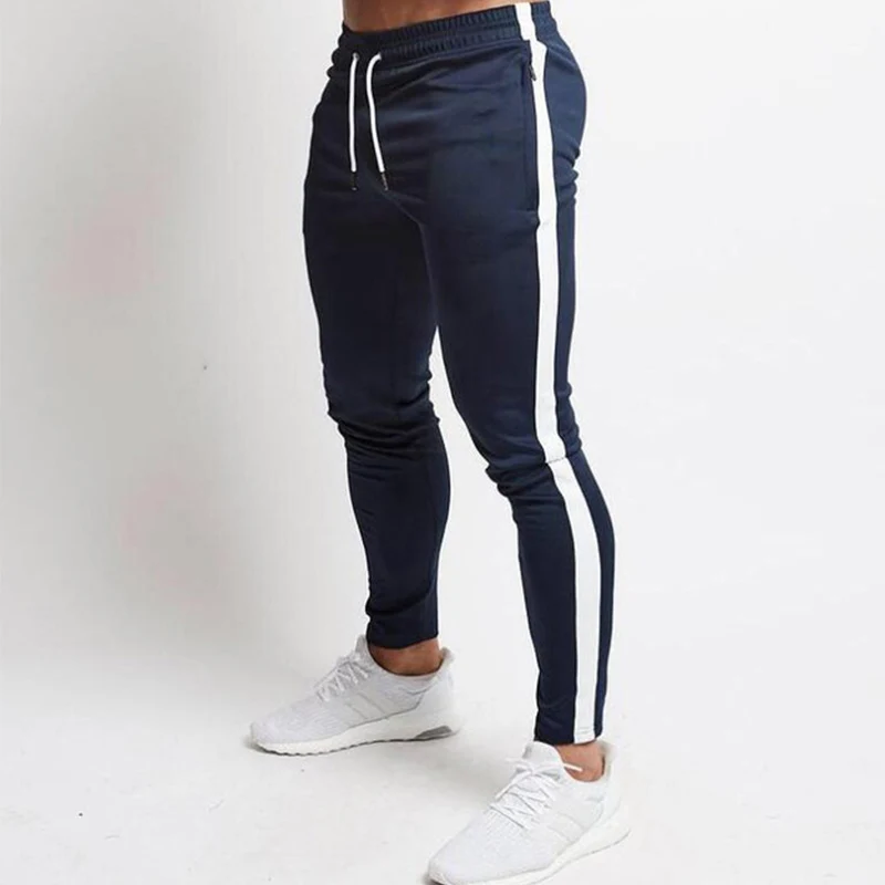 navy blue no logo Модные мужские спортивные штаны для бега, повседневные длинные штаны для фитнеса, мужские тренировочные обтягивающие спортивные штаны для бега, спортивный костюм, хлопковые брюки - Цвет: navy blue no logo
