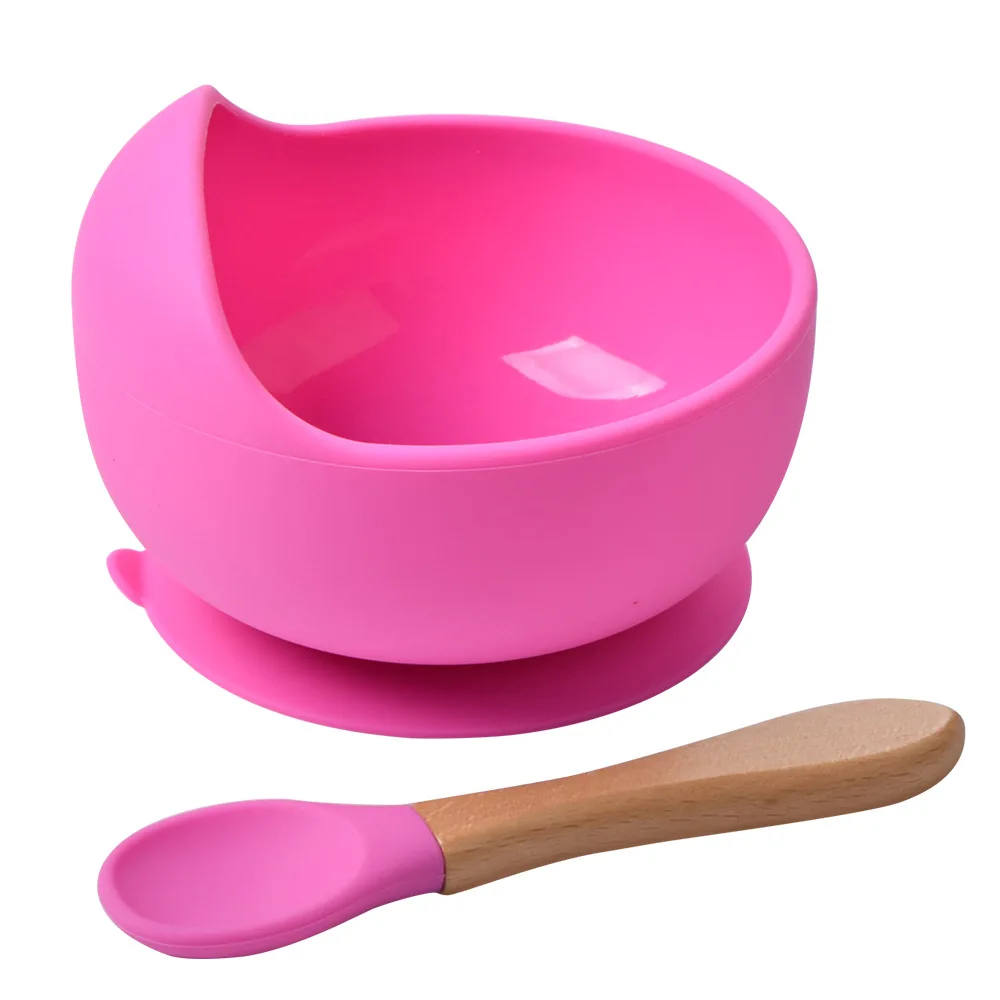 

Baby Silicone Bowl Bibs Set Non-slip Children's Suction Plate Wooden Handle Silicone Spoon Bibs Dishes Baby Feeding Tableware