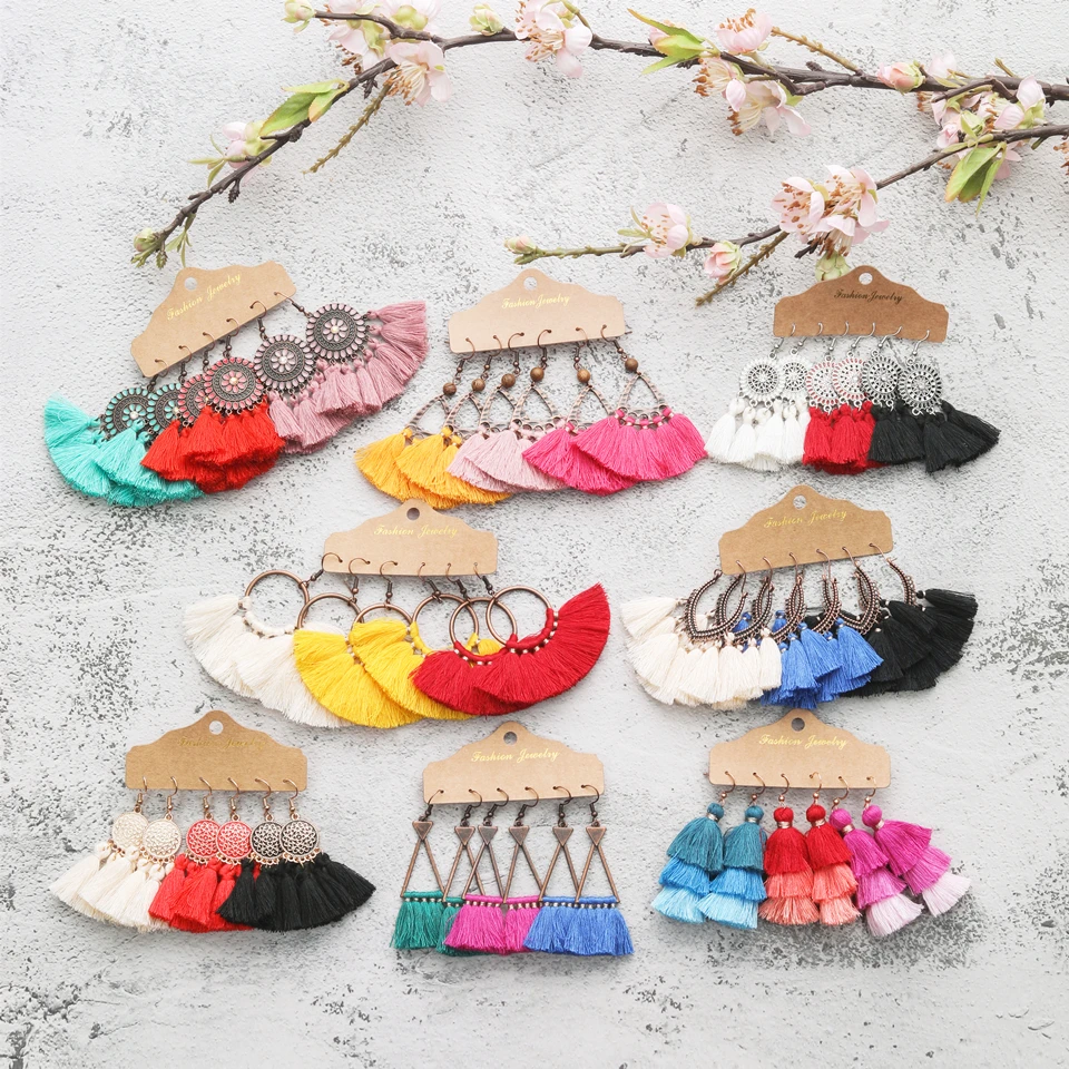 

2020 Trendy Sundry Colors Boho Ethnic Tassel Dangle Drop Earrings Bundles for Women 3 Pairs/Set Earrings Jewelry Accessories