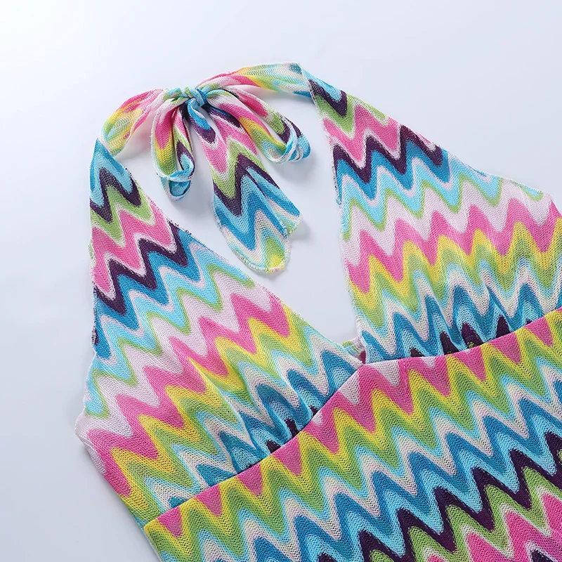 

FASHSTREET Sexy Multicolor Wavy Stripe Print Halter Bodyocn Dress Summer Women Backless V Neck Mini Dress Party Club Streetwear