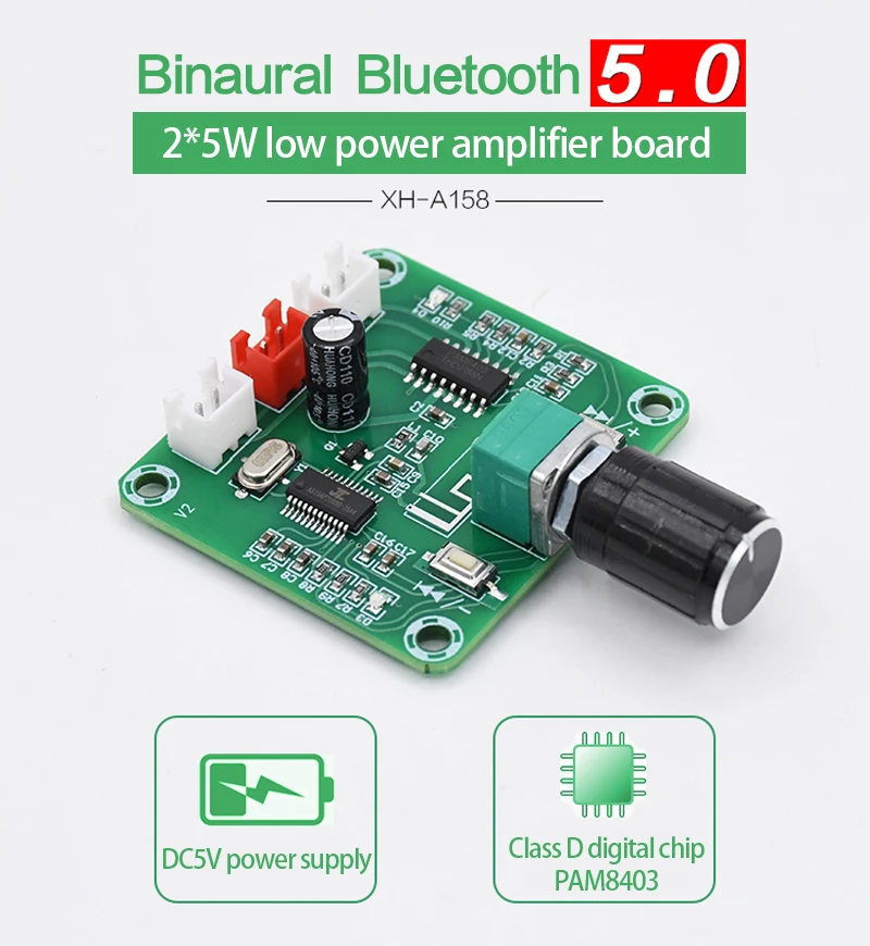 

KYYSLB DC5V 2*5W XH-A158 Ultra Clear Bluetooth 5.0 Amplifier Board PAM8403 Low Power DIY Wireless Speaker Amplifier Board