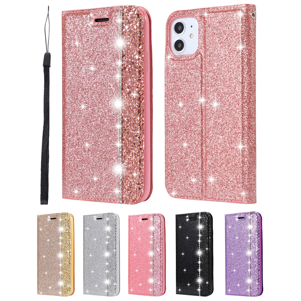 Чехол-бумажник из искусственной кожи со стразами для iPhone 5 5S 5E 6 6S 7 8 Plus X 11 Pro XS Max XR