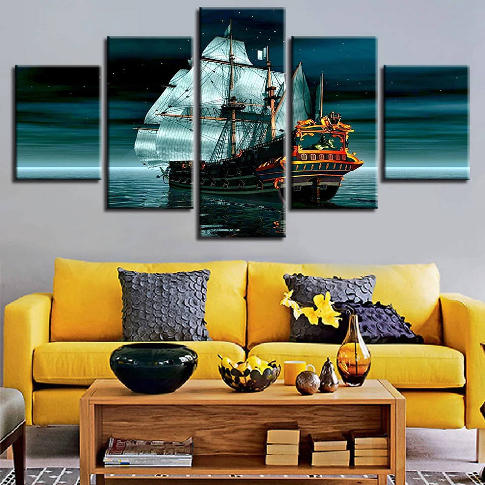 HD Print On Canvas Paintings Modern Home Decor Wall Art Pictures Sailling Boat Starry Sky Landscape Posters For Living Room | Дом и сад