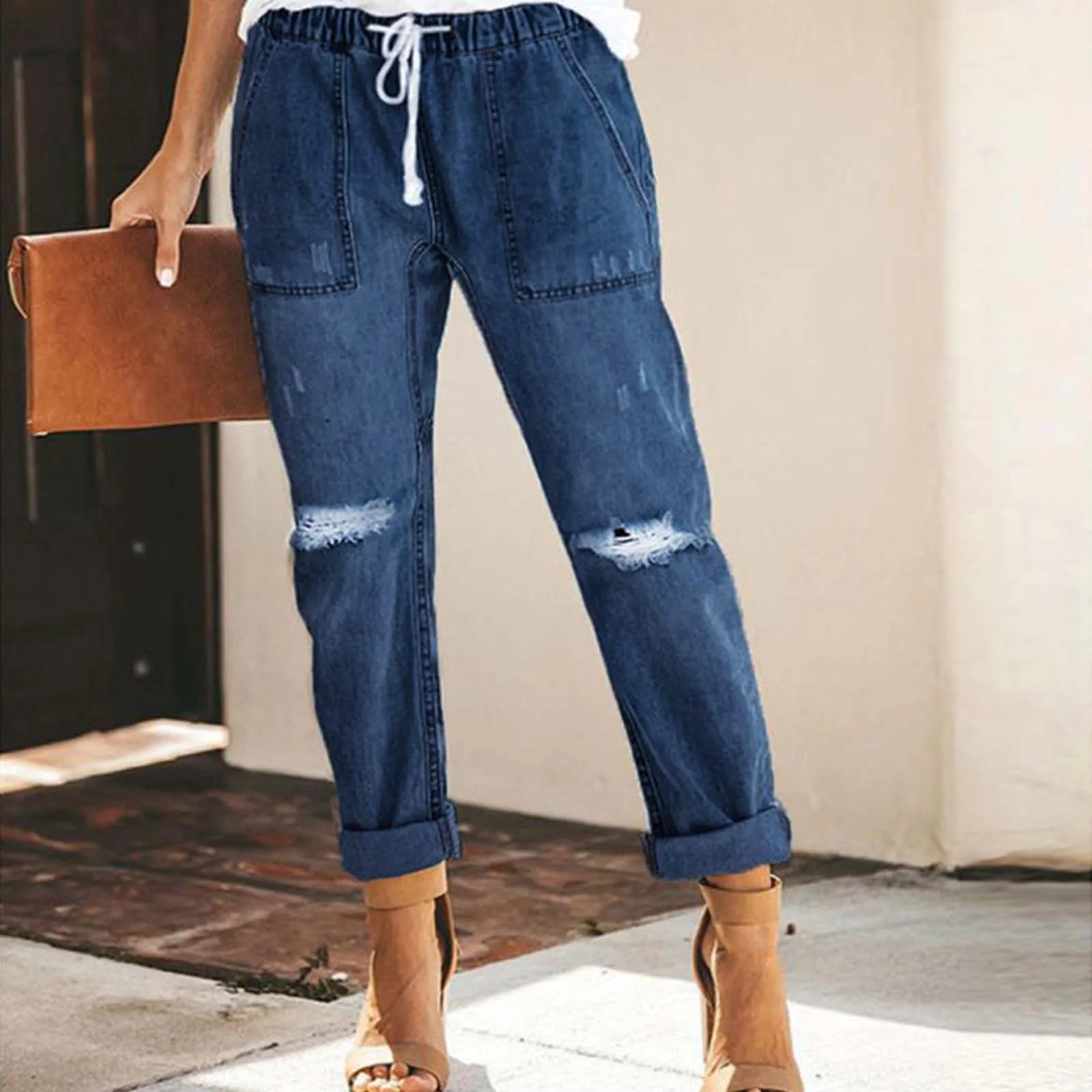 

Fall 2021 New Ladies Ripped Pocket Pants Denim Drawstring Elastic Waist Wash Drawstring Casual Pants Women Pantalones De Mujer