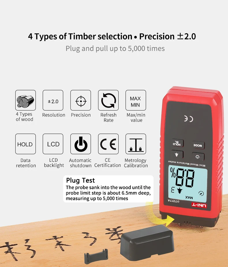 UNI-T UT377A цифровой измеритель влажности древесины/Фанера/деревянный гигрометр с ЖК-подсветкой