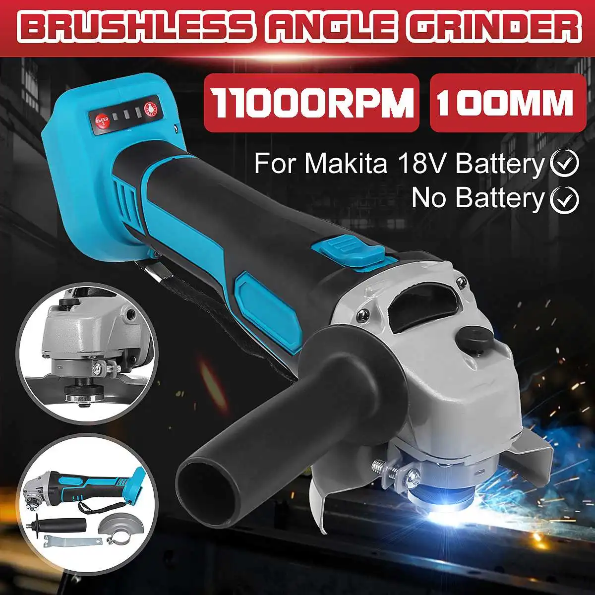 

800W 18V 100mm Brushless Cordless Electric Angle Grinder Variable Speed Power Tool Cutting Machine Polisher For Makita Battery