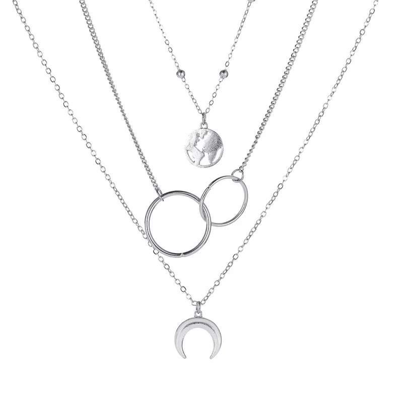 

100pcs / lot European and American accessories Fashion metal map moon necklace three-layer long ring pendant sweater chain