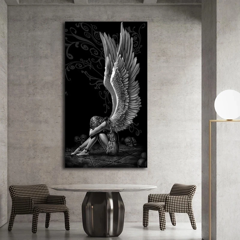 

Canvas Painting Devil And Angel Painting Gray Character Wings Skull Posters And Prints On Canvas Home Decor Wall Painting.