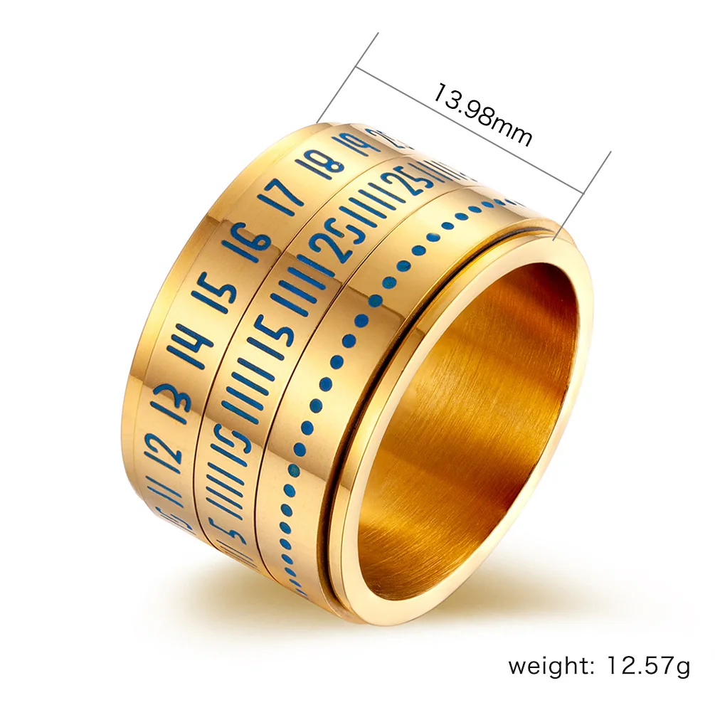

Hip-Hop Style Rotatable Blue Glow-In-The-Dark Fluorescent Arabic Digital Time Ring Titanium Steel Plated 18 Karat Gold Watch Tim