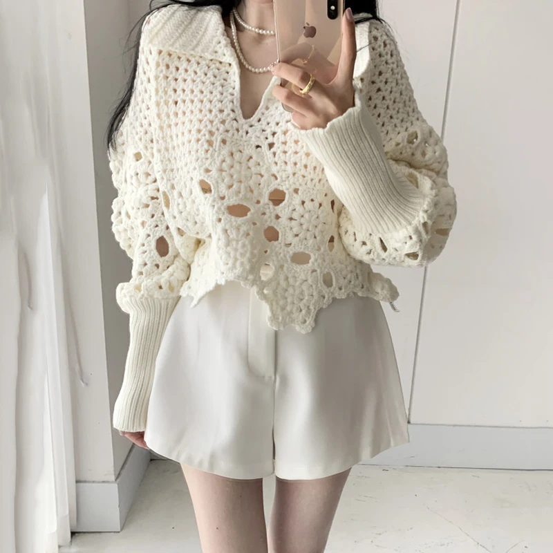 

FAKUNTN Fashion Chic Spring 2022 Lapel Hollow Out Hook Flower Lantern Sleeve Fashion Chic Loose Knitting Pullovers Sweater