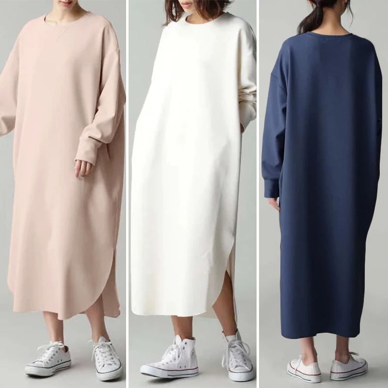 

Women Autumn Pocket Sweatshirt Dress ZANZEA Round Neck Long Sleeves Vestidos Lady Casual Side Fork Irregular Maxi Robe Oversized