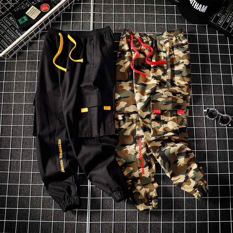 2022 Autumn Men Ribbons Pants Streetwear Cargo Hip Hop Joggers Overalls Fashions Baggy Pockets Trousers | Мужская одежда