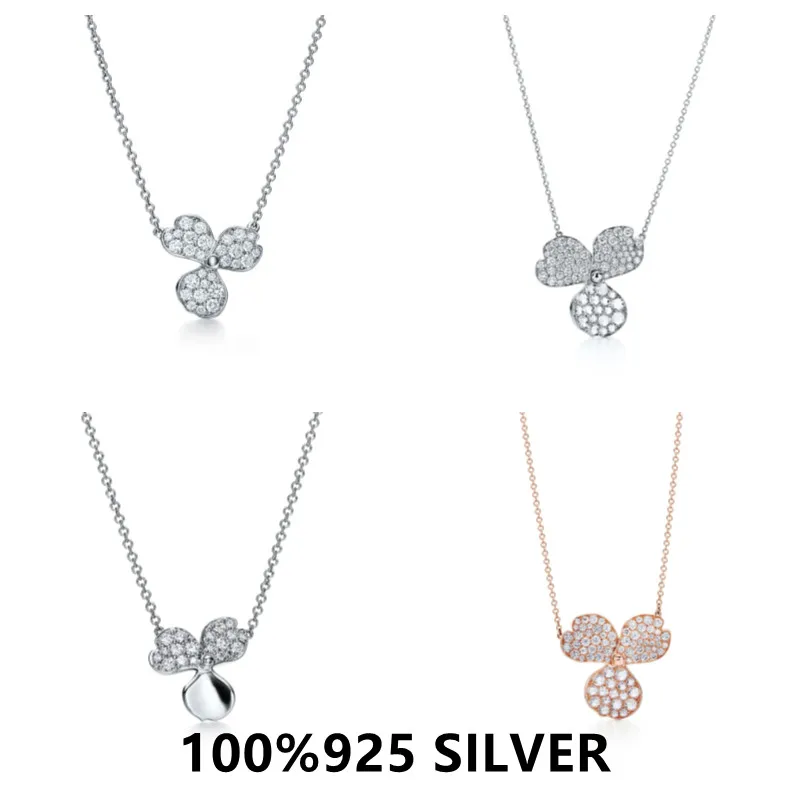 

TF 925 Sterling Silver Clover full drill Necklace Clavicle Chain Short Choker Necklace For Women Fine Jewelry Brithday Gift