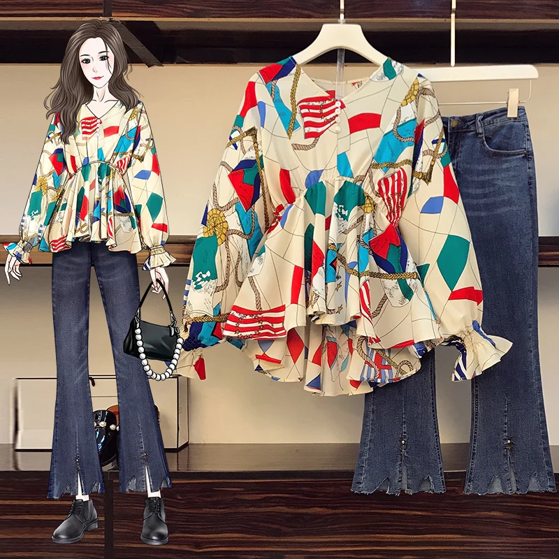 Женский офисный костюм размера плюс 4XL Цветочная рубашка и джинсовые брюки