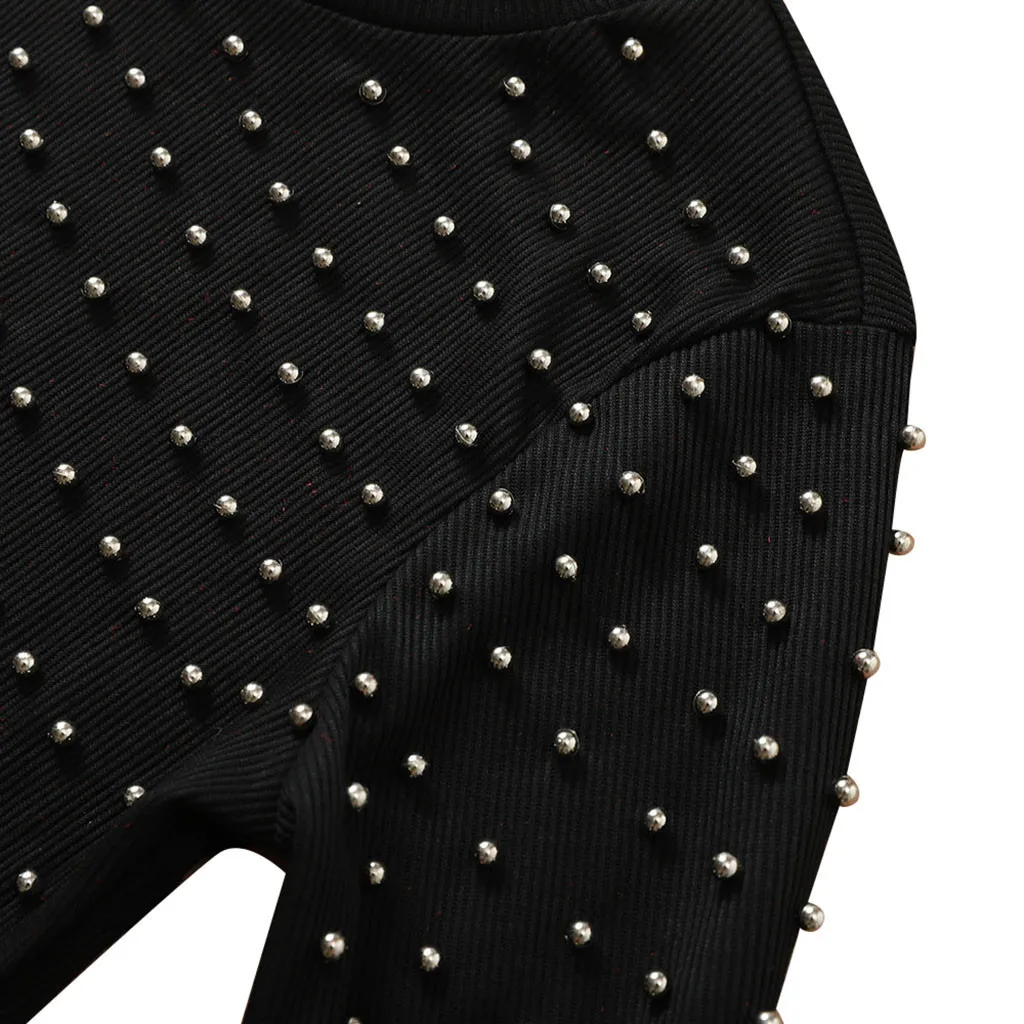 Женские платья Твердой O образный вырез платье Бисероплетение длинного рукав Ropa