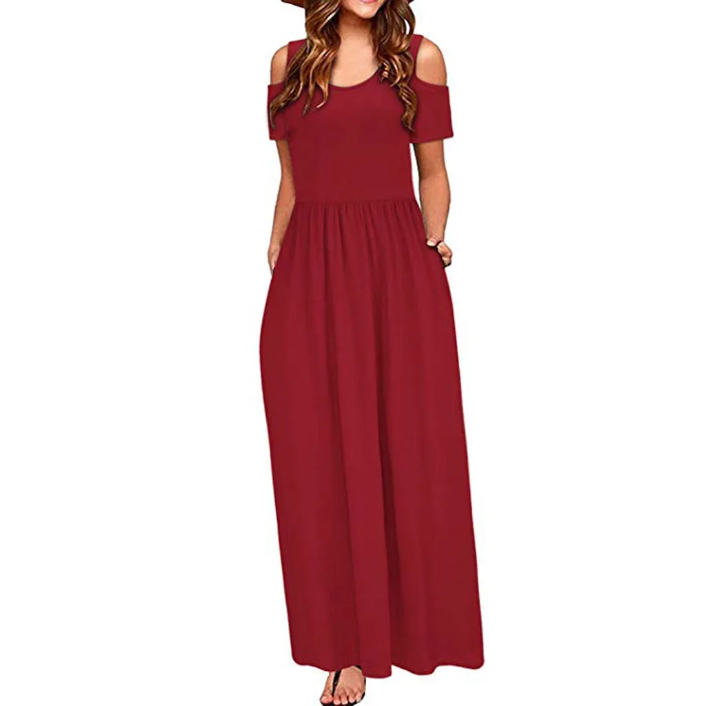 Женское летнее однотонное платье с открытыми плечами Элегантное макси длинное платье дамского размера плюс сарафан с карманом с коротким рукавом вечерняя одежда