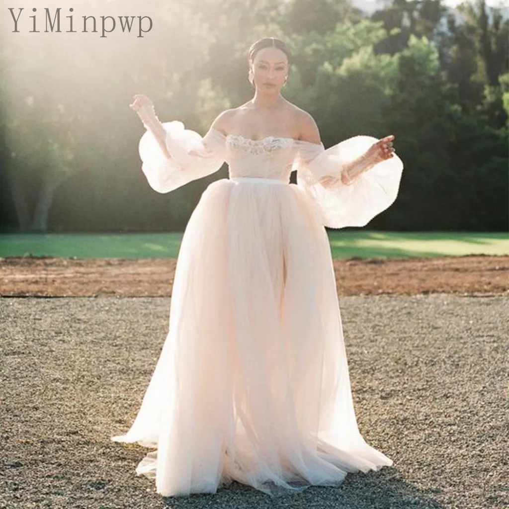 

Champagne Wedding Dress for Bride Off Shoulder Long Sleeve Floor Length A Line Illusion Bodice Pleats Beach Bridal Dress