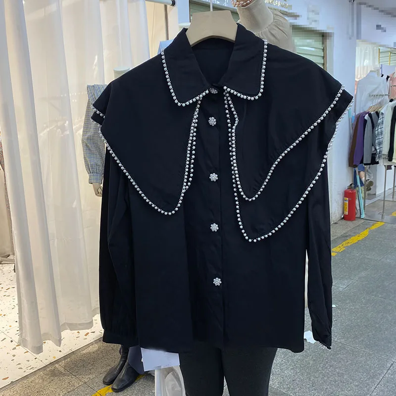 

Female Irregular Double-Layer Beaded Large Lapel Solid Color Shirt 2021 Women Spring Sweet Girl Flower Buttons Loose Top Blouses