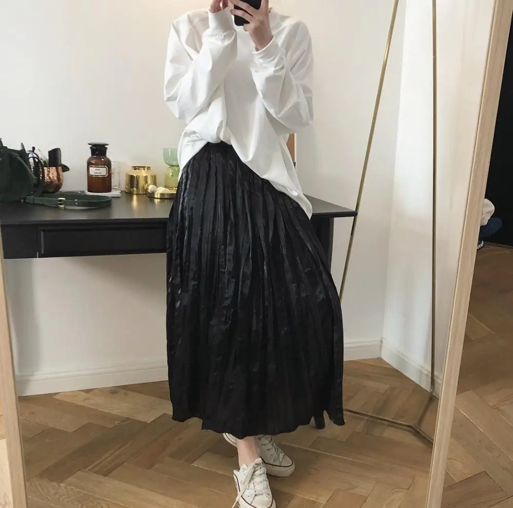 Женская плиссированная шелковая юбка миди Элегантная атласная макси с высокой