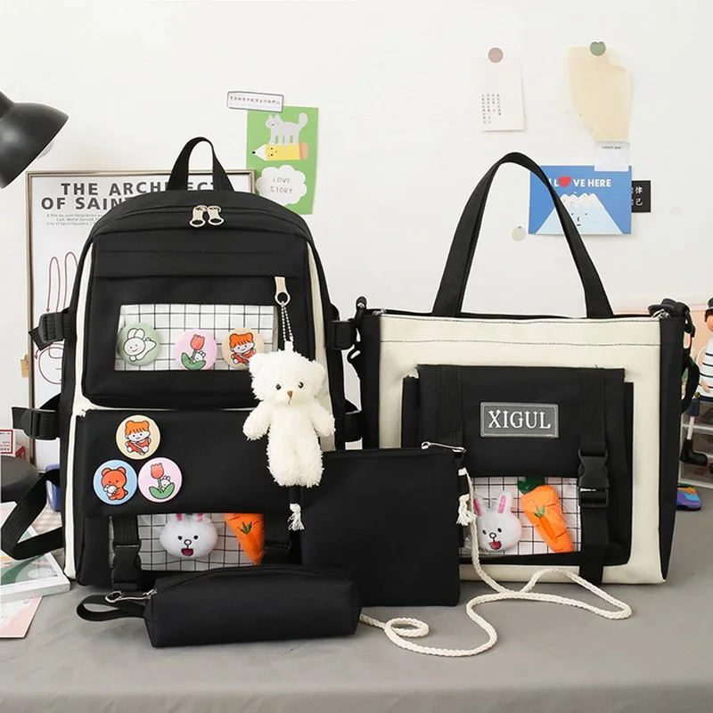 

4 Pcs Set Women Laptop Backpack Canvas School Bags For Teenage Girls Kawaii College Student Kids Book Bag 2021