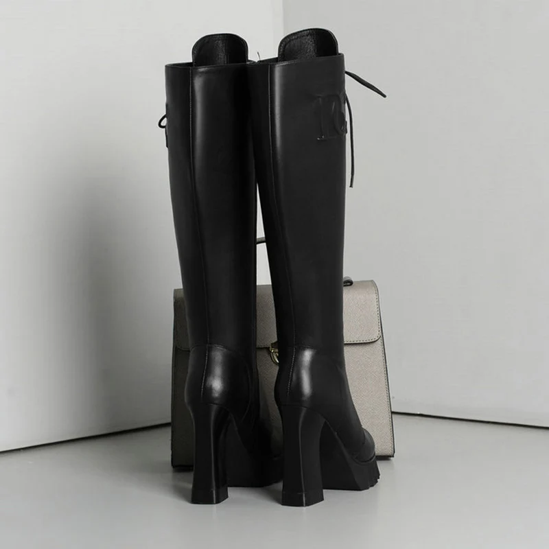 Женские сапоги на шнуровке до колена из натуральной кожи платформе 3 см высокий