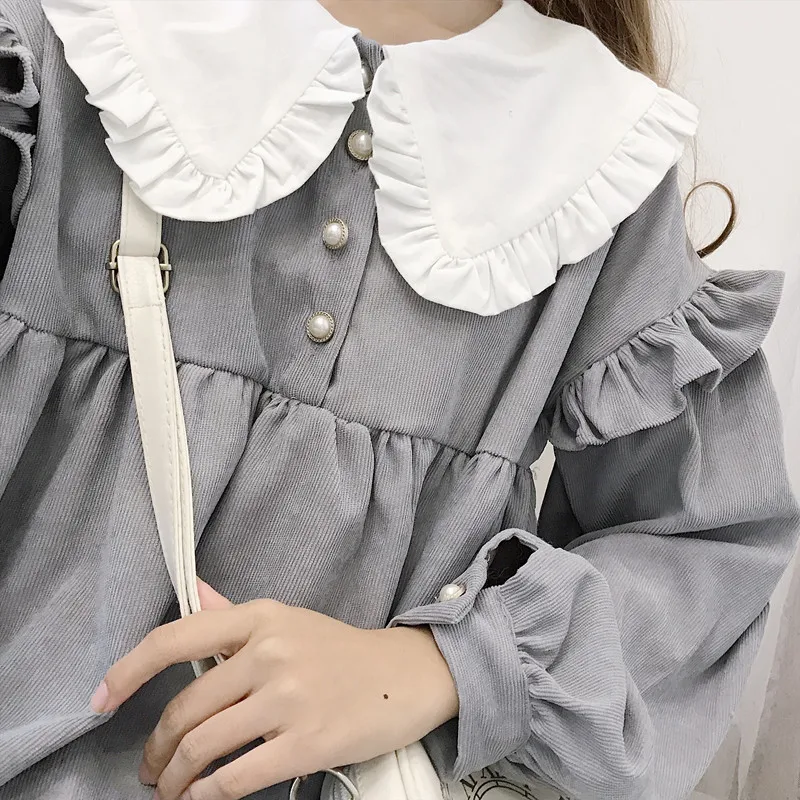 

Autumn winter Lolita daily dress Kawaii new Japanese sweet retro doll collar loose ruffled long-sleeved dress