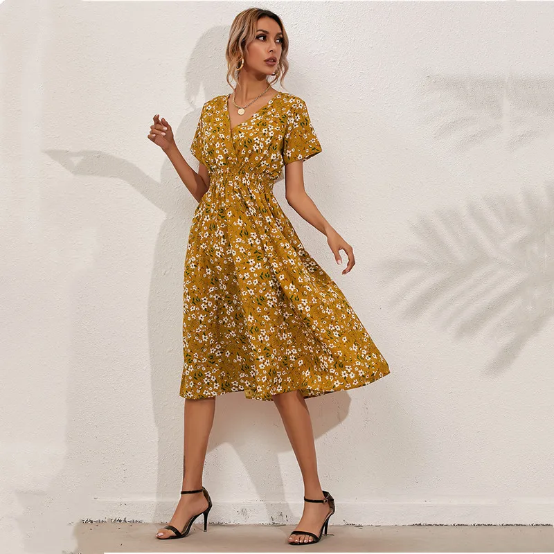 

2021 Summer New Bohemian Floral Chiffon Dress Women's Fashion Retro Casual V-neck Elastic Waist Printing Holiday Style Dress