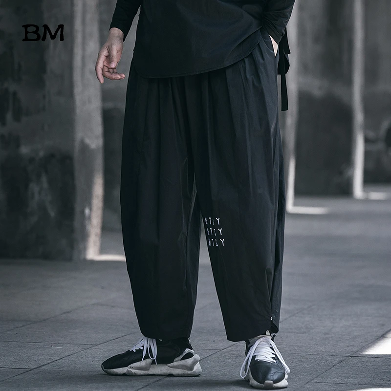 Мужские летние тонкие широкие брюки черные свободные Kpop в стиле хип-хоп прямые с