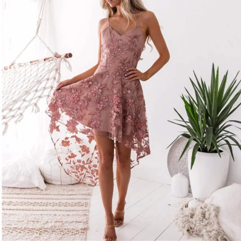 

Fashion Summer Women Clothing Pink Color Lace Irregular Sling Dresses
