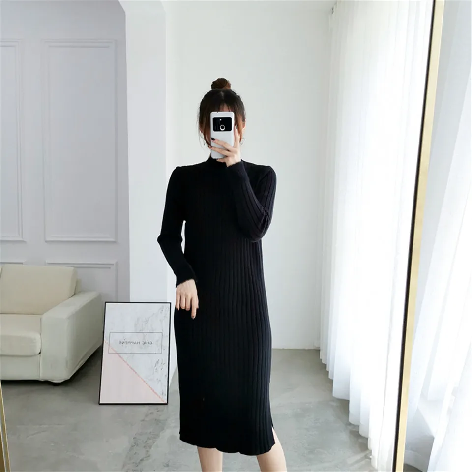 Раздельное однотонное платье с круглым вырезом и длинным рукавом Vestido, милое зимнее трикотажное платье, Осеннее женское элегантное платье, новинка года, модное тонкое мягкое женское платье