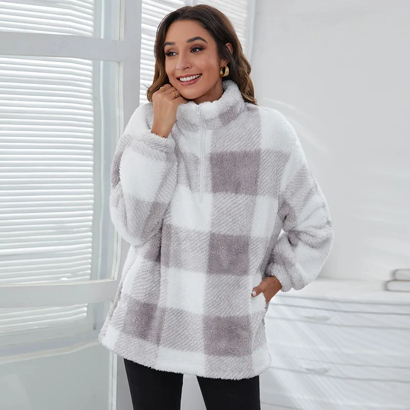 

Новое поступление 2022, Повседневная Свободная плюшевая толстовка на молнии с высоким воротником и принтом в клетку, Женская толстовка с капю...