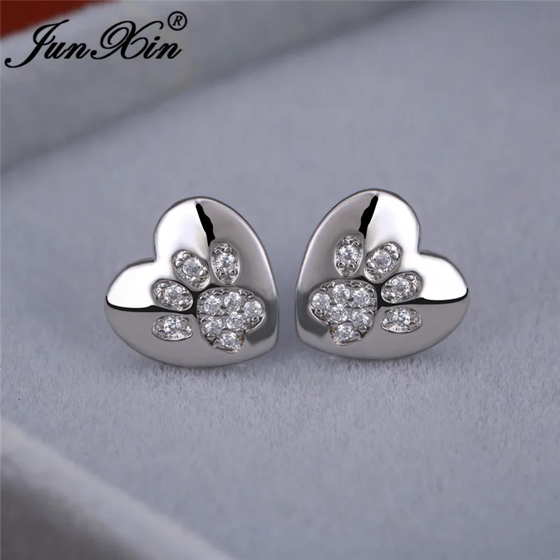 White Earrings Сине-белые огненные опаловые серьги-гвоздики в виде животных, медведя, кошки, собаки, лапы для женщин и мужчин, 925 серебро, розовое золото, серьги в виде сердца, свадебные ювелирные изделия, Cz - Окраска металла: White Earrings